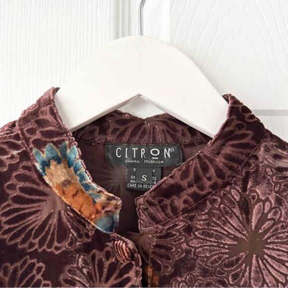 Citron Brown Velvet Butterfly Mandarin Collar Neck Button Up Blouse Small Asian - Picture 2 of 12